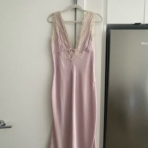 Satin Lace-Trimmed Pink Midi Dress